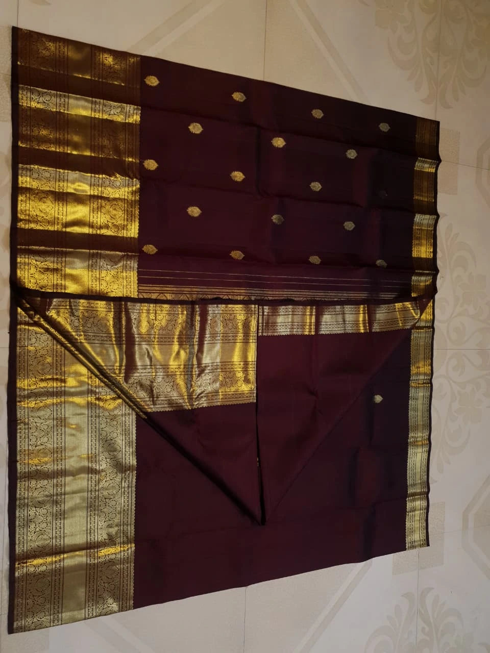 2G Pure Kanjivaram Silk Saree in Rich Brown with Gold Zari Floral Buttas and Traditional Broad Border | Silkmark Certified