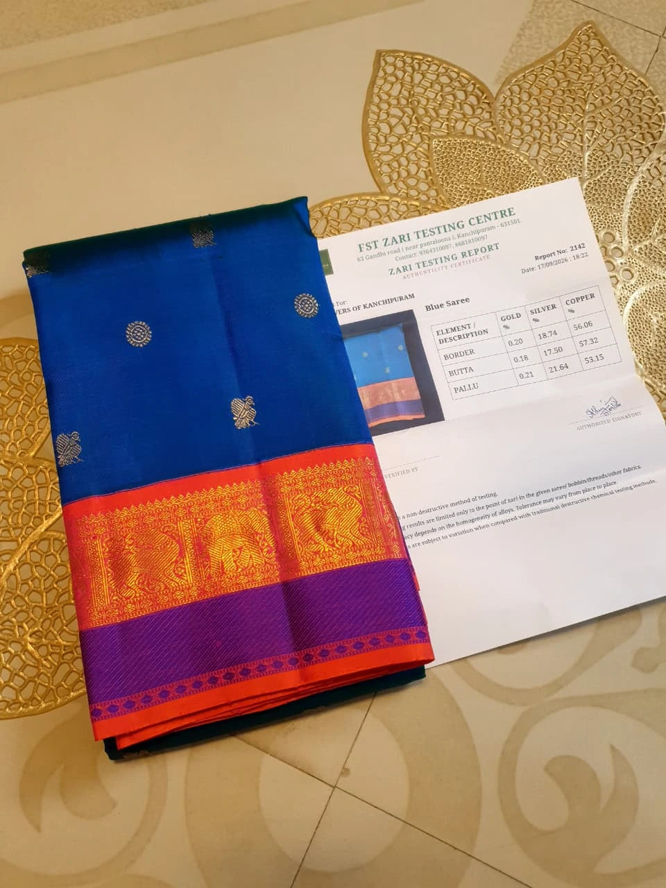 3G Pure Zari Kanjivaram Silk Saree in Royal Blue with Peach and Orange Contrast Border | Silkmark Certified