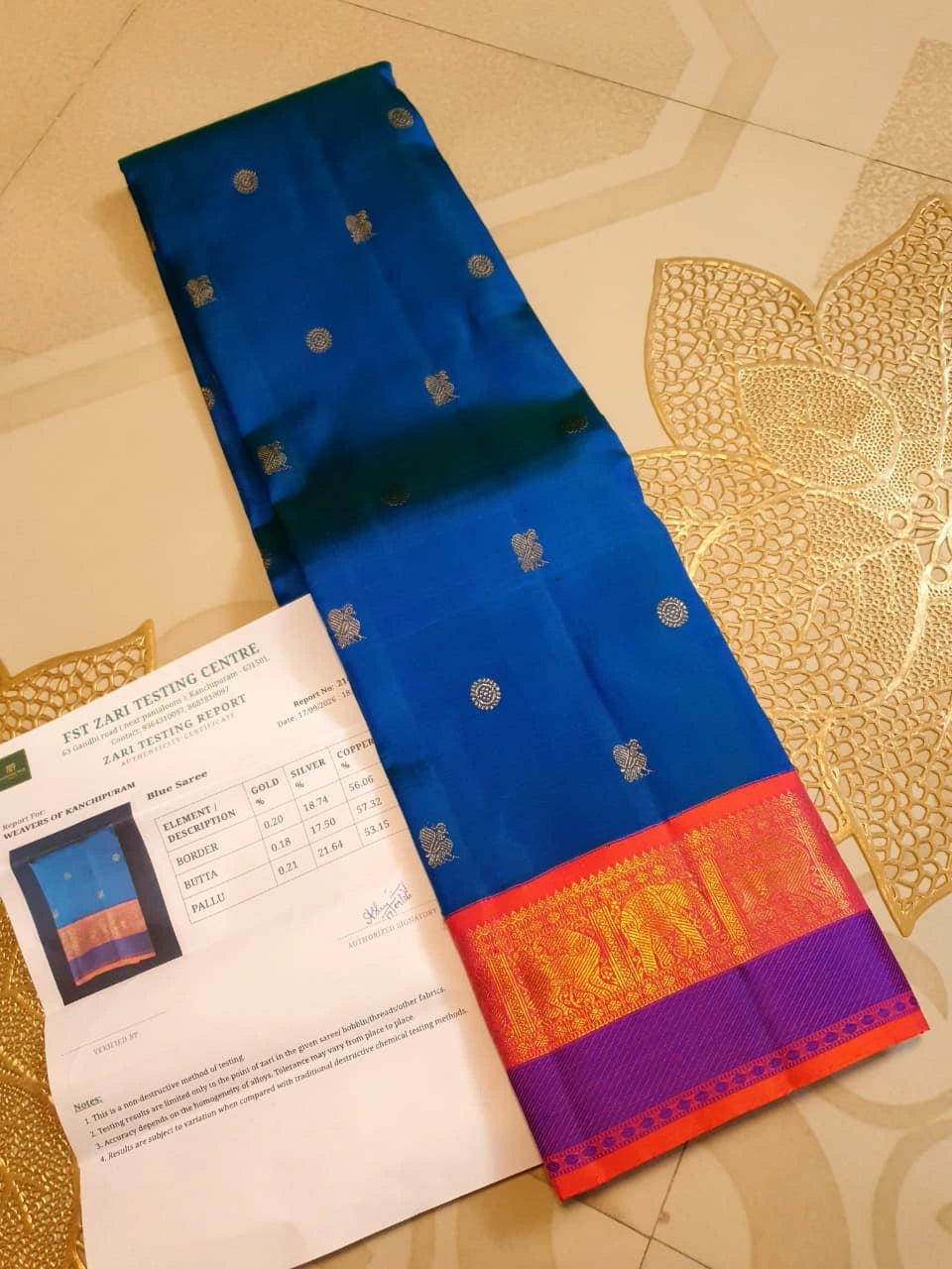 3G Pure Zari Kanjivaram Silk Saree in Royal Blue with Peach and Orange Contrast Border | Silkmark Certified