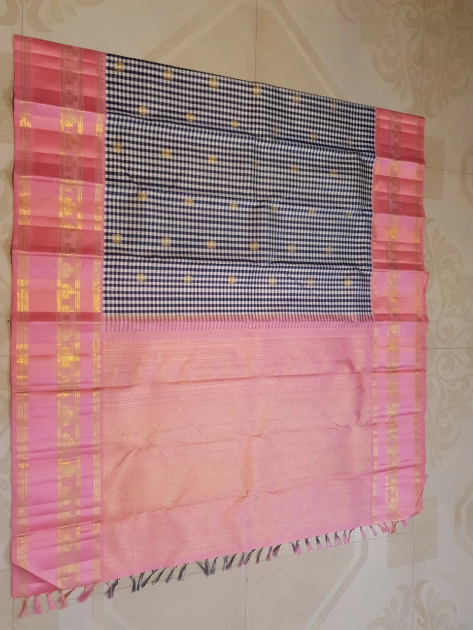2G Pure Korvai Kanjivaram Silk Saree in Black and White Checks with Mayil Chakkara Buttas and Contrast Pink Zari Border | Silkmark Certified