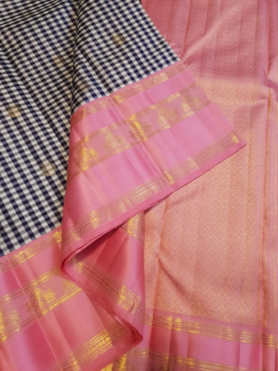 2G Pure Korvai Kanjivaram Silk Saree in Black and White Checks with Mayil Chakkara Buttas and Contrast Pink Zari Border | Silkmark Certified