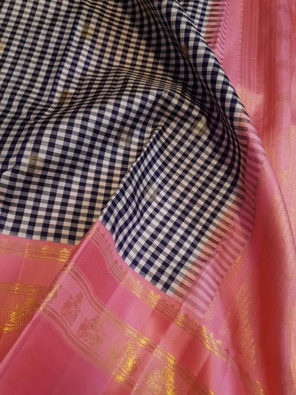 2G Pure Korvai Kanjivaram Silk Saree in Black and White Checks with Mayil Chakkara Buttas and Contrast Pink Zari Border | Silkmark Certified