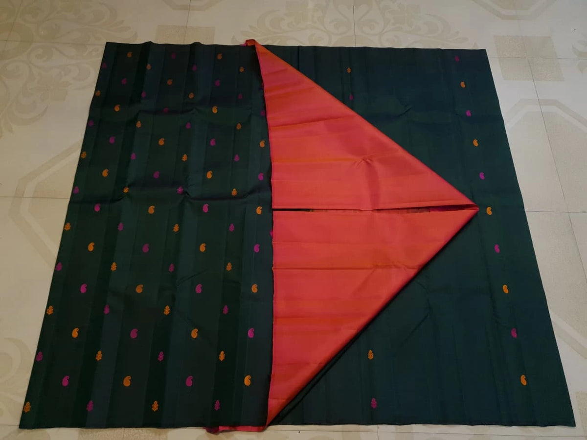 2G Pure Kanjivaram Silk Saree in Dark Green with Multicolour Buttas & Contrast Red Pallu | Silkmark Certified