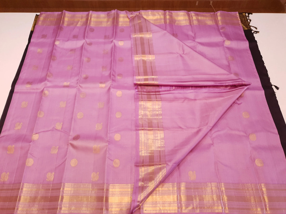 2G Pure Kanjivaram Silk Saree in Lavender Pink with Gold Peacock Buttas & Rich Zari Border | Silkmark Certified
