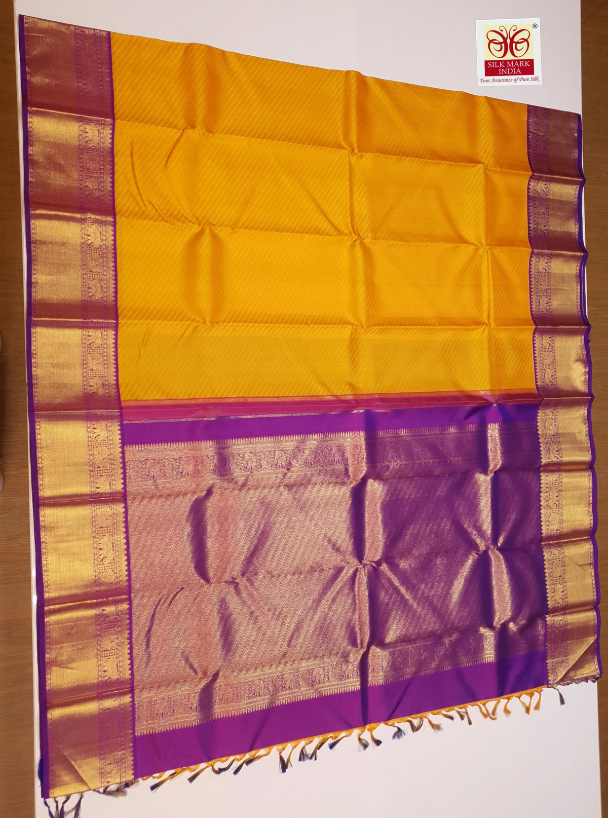 2G Pure Korvai Kanjivaram Silk Saree in Mustard Yellow with Purple Peacock Zari Border & Rich Pallu | Silkmark Certified