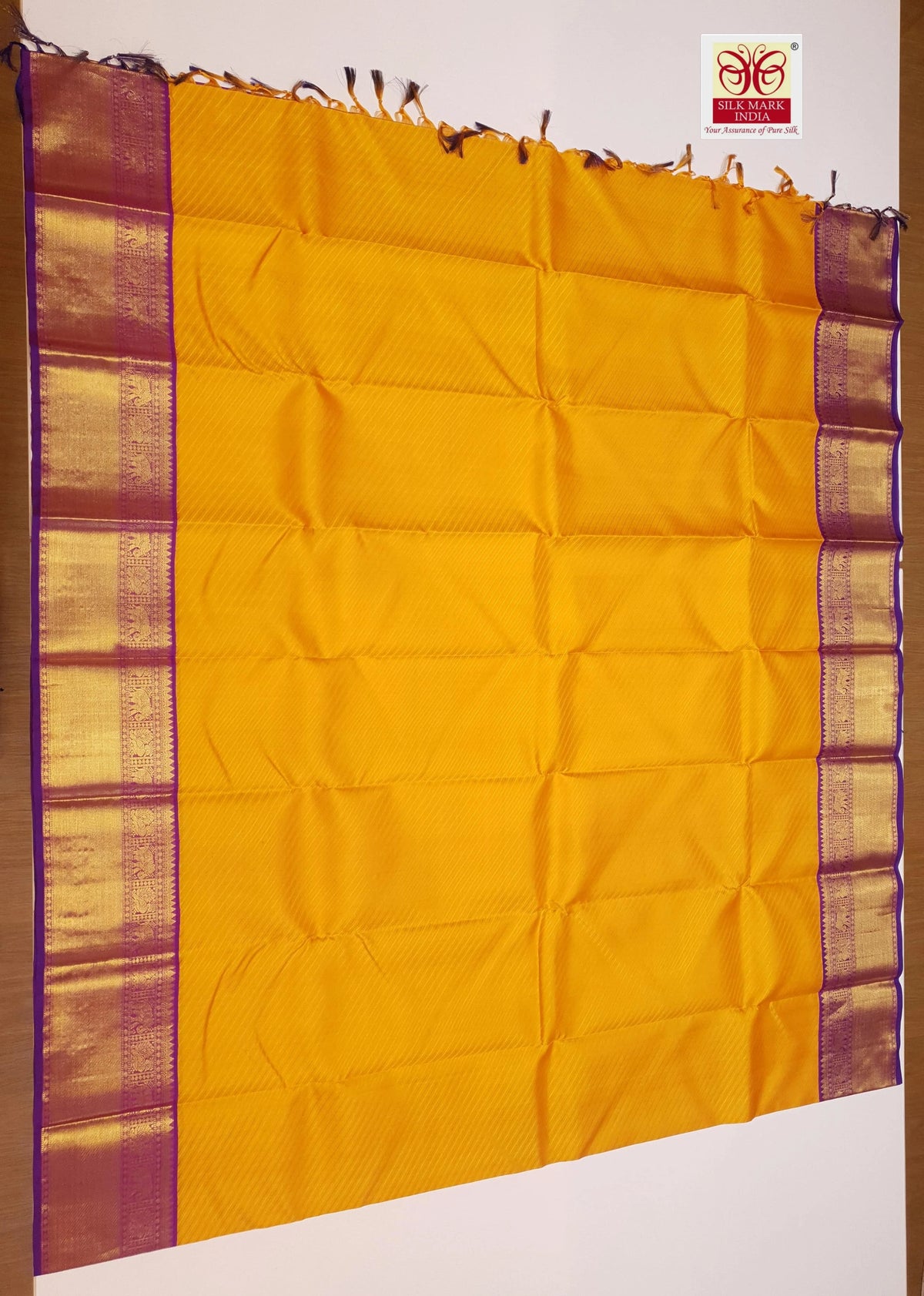 2G Pure Korvai Kanjivaram Silk Saree in Mustard Yellow with Purple Peacock Zari Border & Rich Pallu | Silkmark Certified