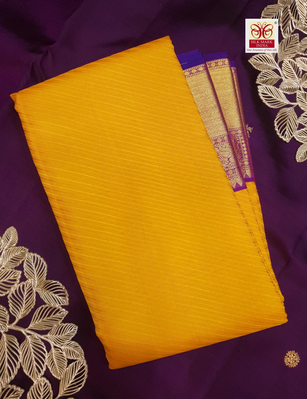 2G Pure Korvai Kanjivaram Silk Saree in Mustard Yellow with Purple Peacock Zari Border & Rich Pallu | Silkmark Certified