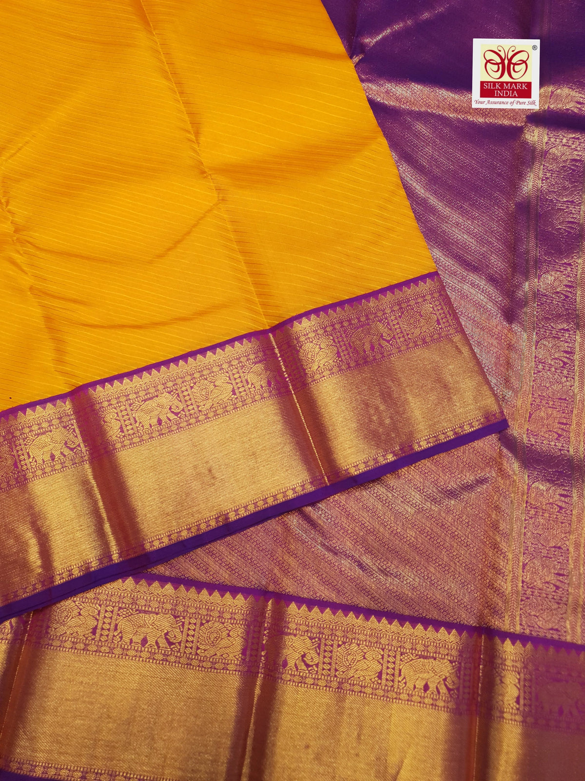 2G Pure Korvai Kanjivaram Silk Saree in Mustard Yellow with Purple Peacock Zari Border & Rich Pallu | Silkmark Certified