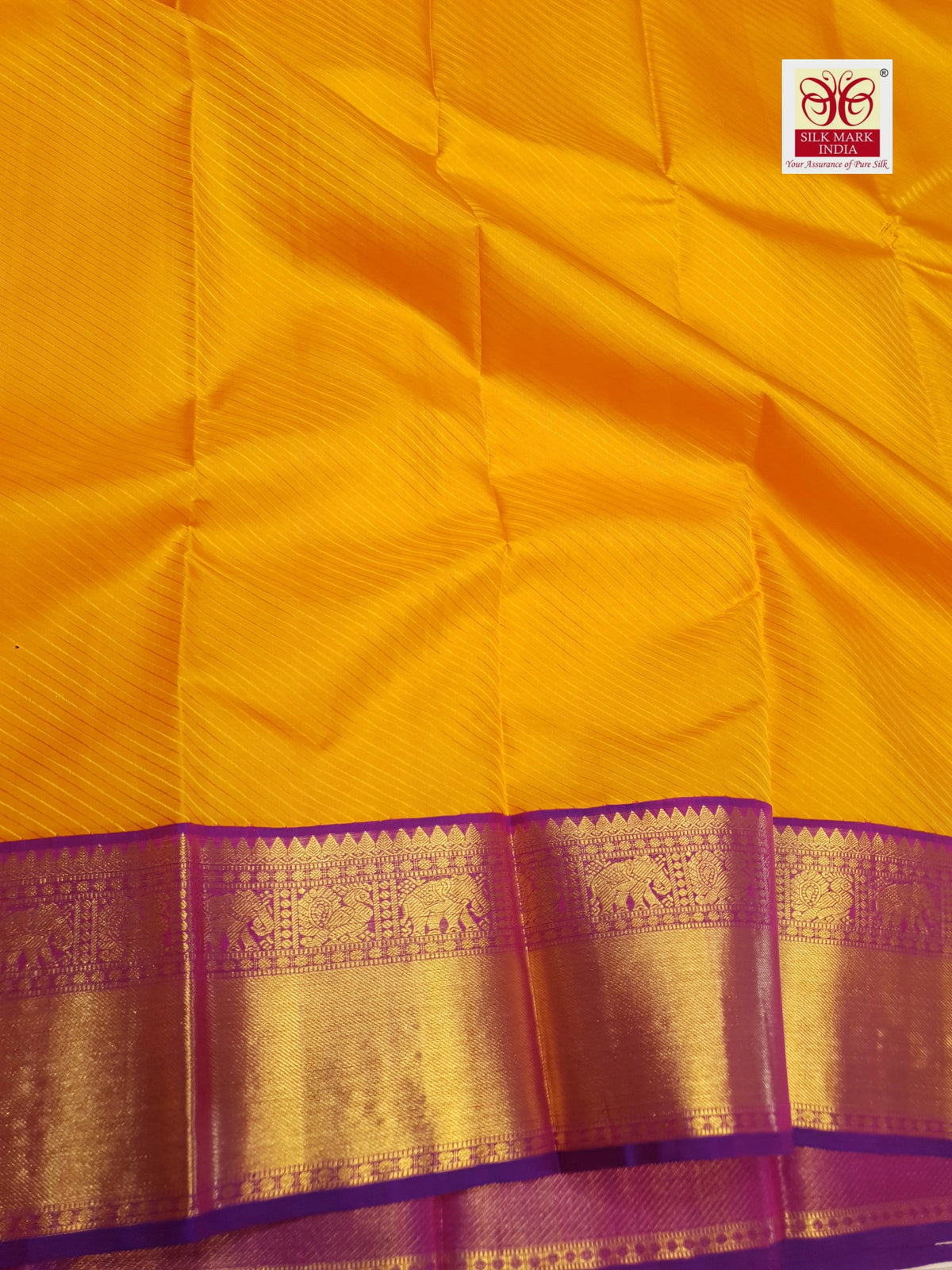 2G Pure Korvai Kanjivaram Silk Saree in Mustard Yellow with Purple Peacock Zari Border & Rich Pallu | Silkmark Certified