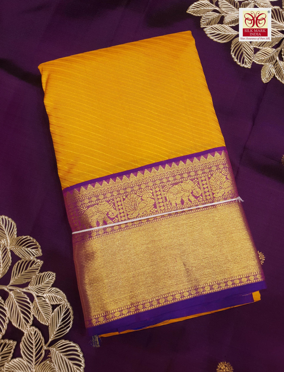 2G Pure Korvai Kanjivaram Silk Saree in Mustard Yellow with Purple Peacock Zari Border & Rich Pallu | Silkmark Certified