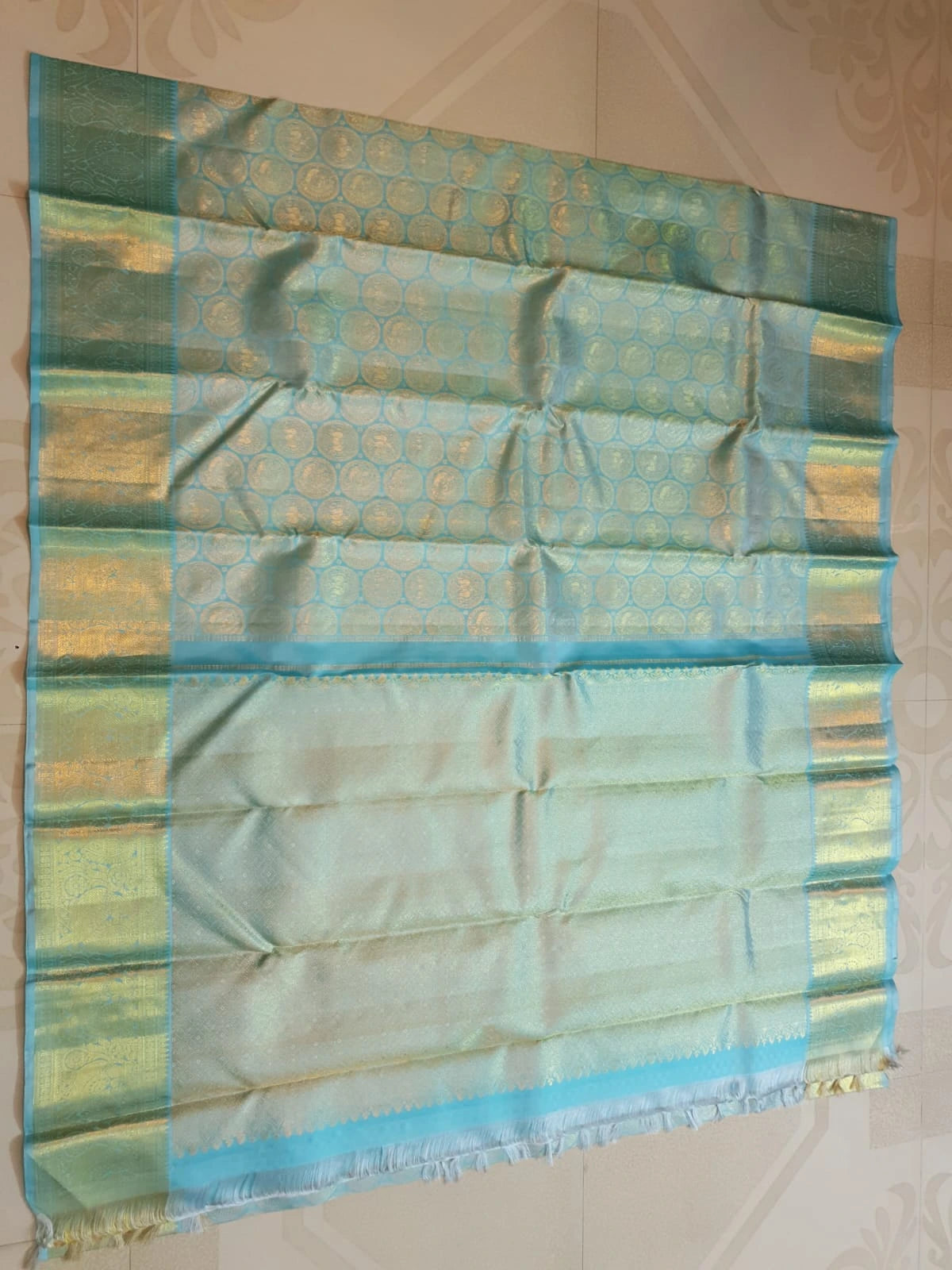 2G Pure Kanjivaram Silk Saree in Sky Blue with Gold Zari Peacock Butta & Rich Zari Border | Silkmark Certified