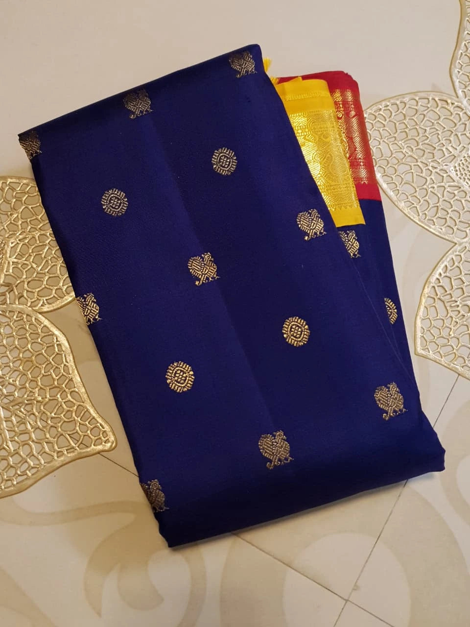 3G Pure Zari Ganga Jamuna Kanjivaram Silk Saree in Navy Blue with Gold Peacock Buttas & Red and Yellow Peacock Border | Silkmark Certified