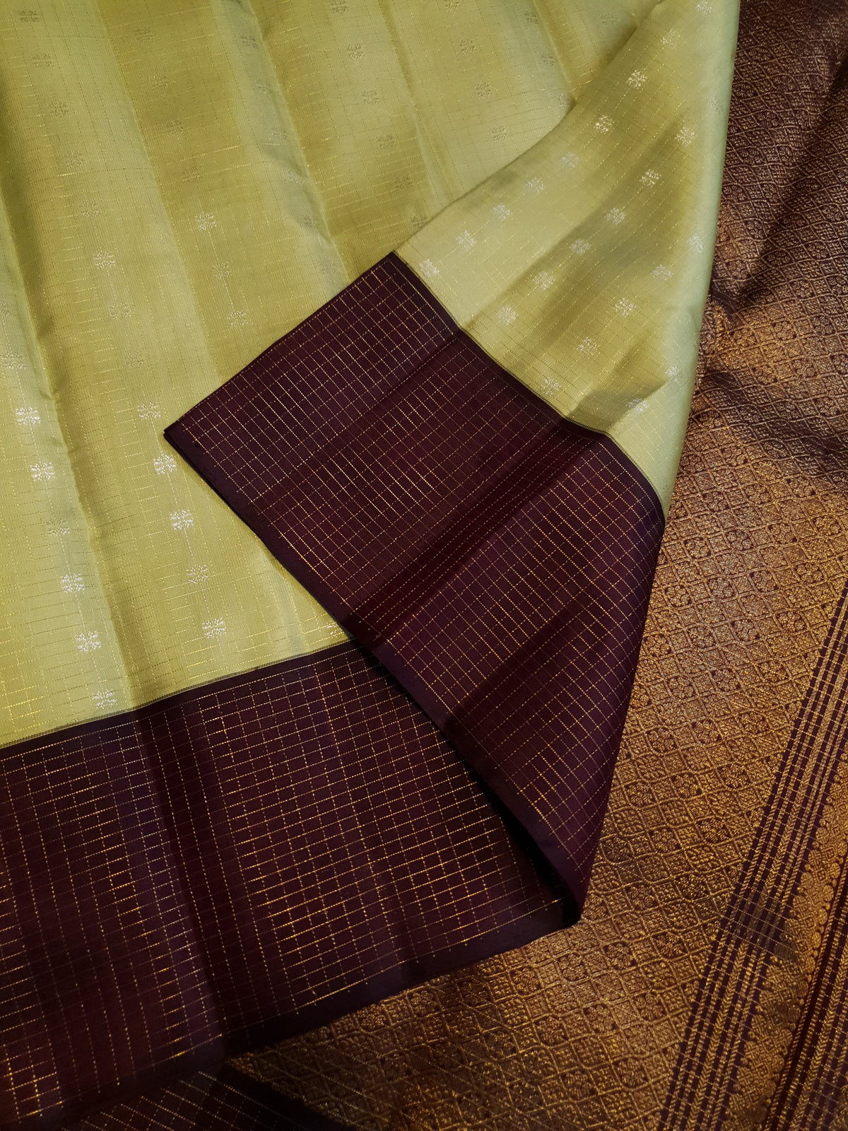 2G Pure Kanjivaram Silk Saree in Pastel Green with Contrast Wine Purple Border & Silver Zari Buttas | Silkmark Certified