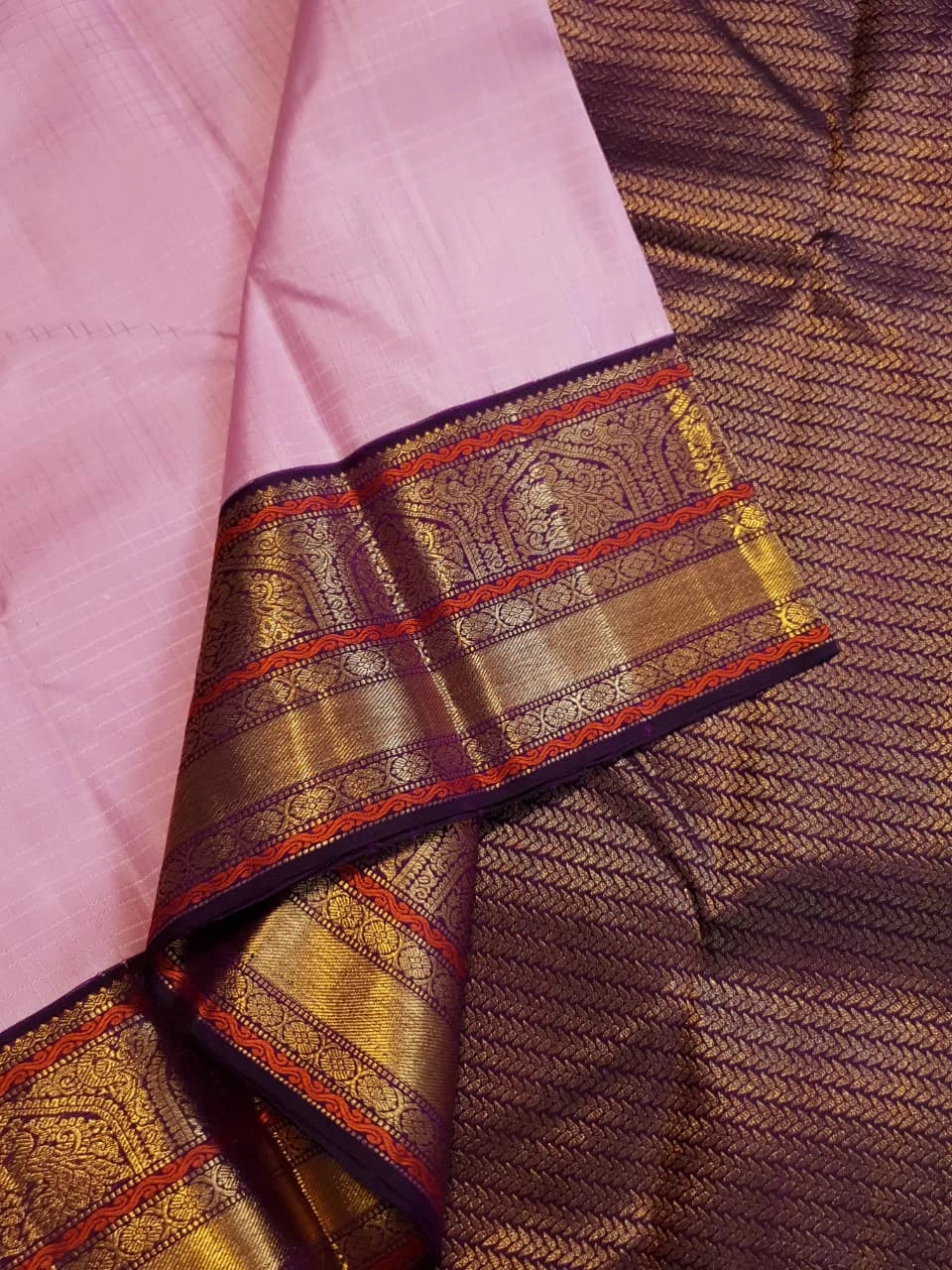 2G Pure Korvai Kanjivaram Silk Saree in Light Pink with Purple Peacock Zari Border | Silkmark Certified