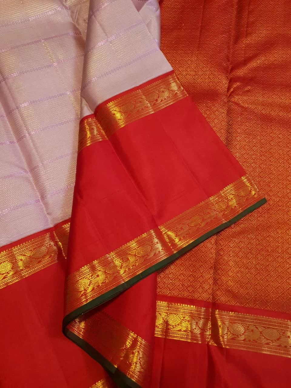 2G Pure Kanjivaram Silk Saree in Light Pink with Contrast Red Peacock Border & Rich Gold Zari | Silkmark Certified