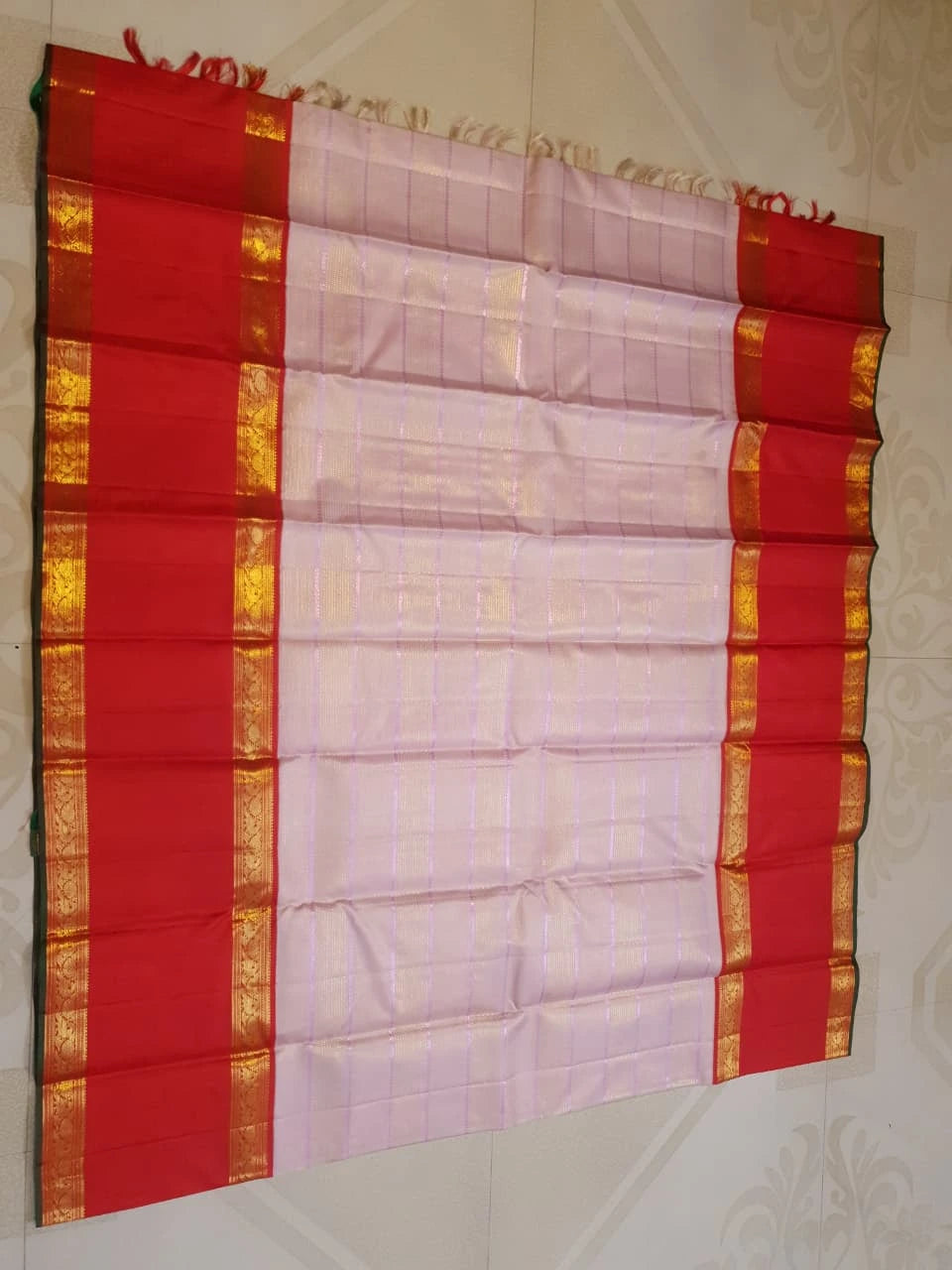 2G Pure Kanjivaram Silk Saree in Light Pink with Contrast Red Peacock Border & Rich Gold Zari | Silkmark Certified