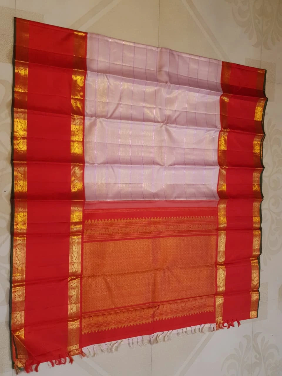 2G Pure Kanjivaram Silk Saree in Light Pink with Contrast Red Peacock Border & Rich Gold Zari | Silkmark Certified
