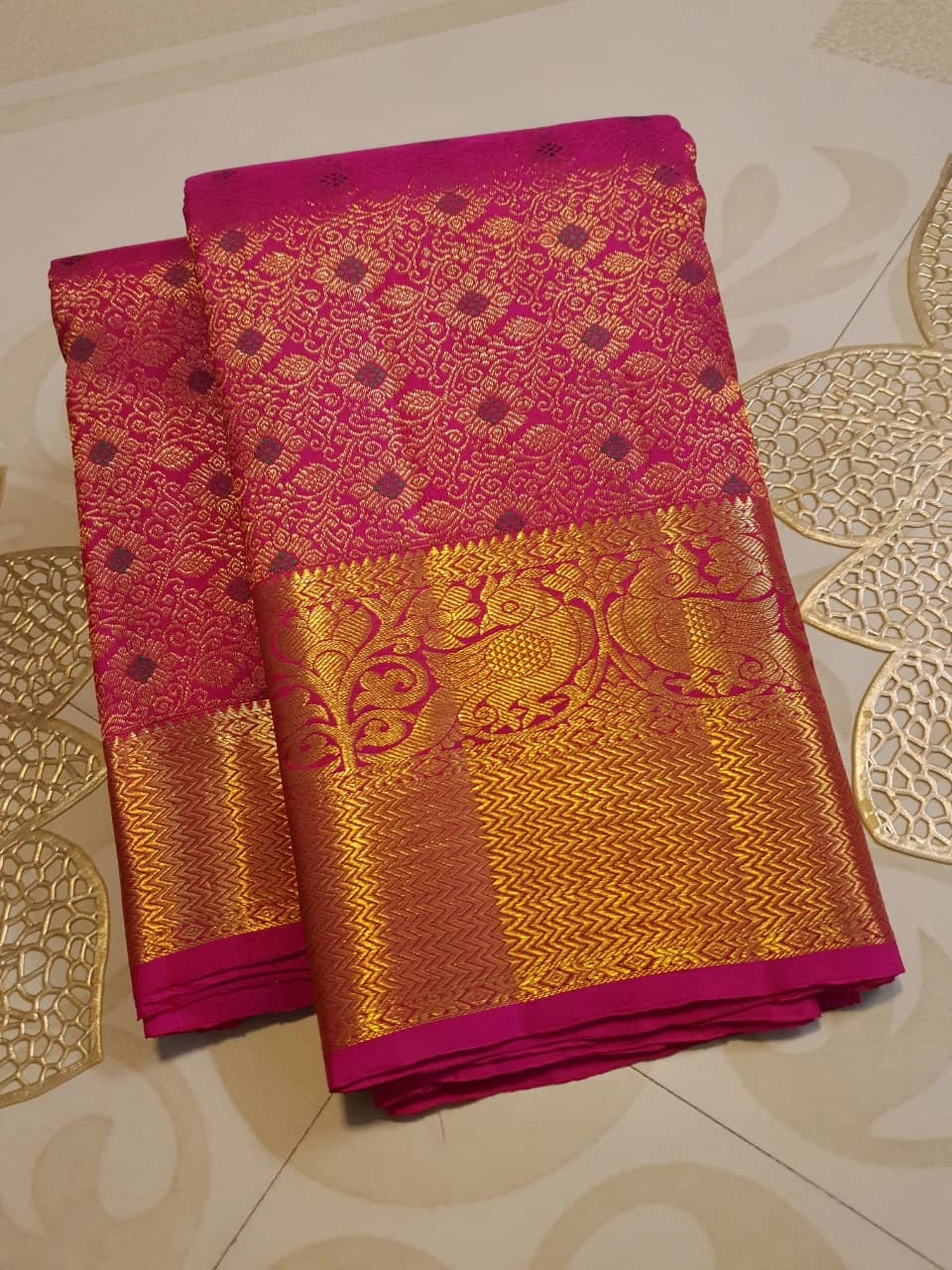 2G Pure Kanjivaram Silk Saree in Rani Pink with Rich Gold Zari Brocade & Traditional Floral Pallu | Silkmark Certified