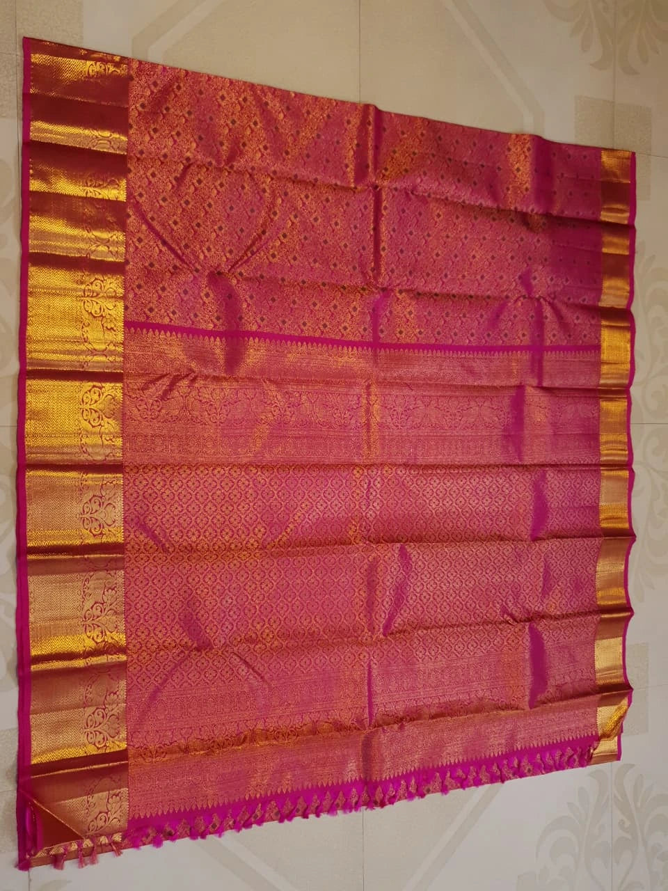 2G Pure Kanjivaram Silk Saree in Rani Pink with Rich Gold Zari Brocade & Traditional Floral Pallu | Silkmark Certified
