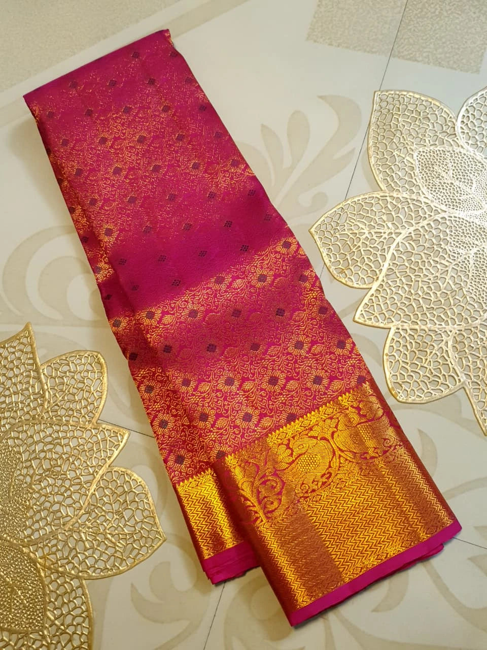2G Pure Kanjivaram Silk Saree in Rani Pink with Rich Gold Zari Brocade & Traditional Floral Pallu | Silkmark Certified