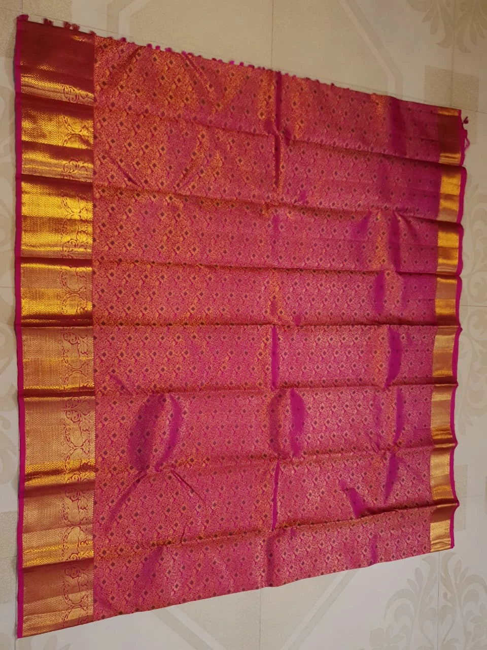 2G Pure Kanjivaram Silk Saree in Rani Pink with Rich Gold Zari Brocade & Traditional Floral Pallu | Silkmark Certified