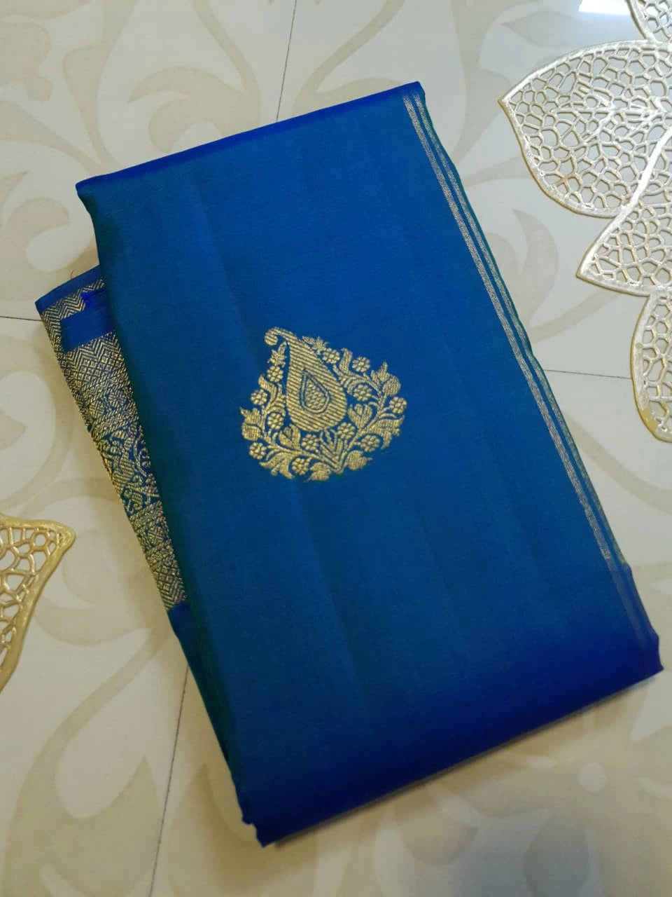 2G Pure Kanjivaram Silk Saree in Royal Blue with Gold Zari Paisley Buttas & Peacock Zari Border | Silkmark Certified