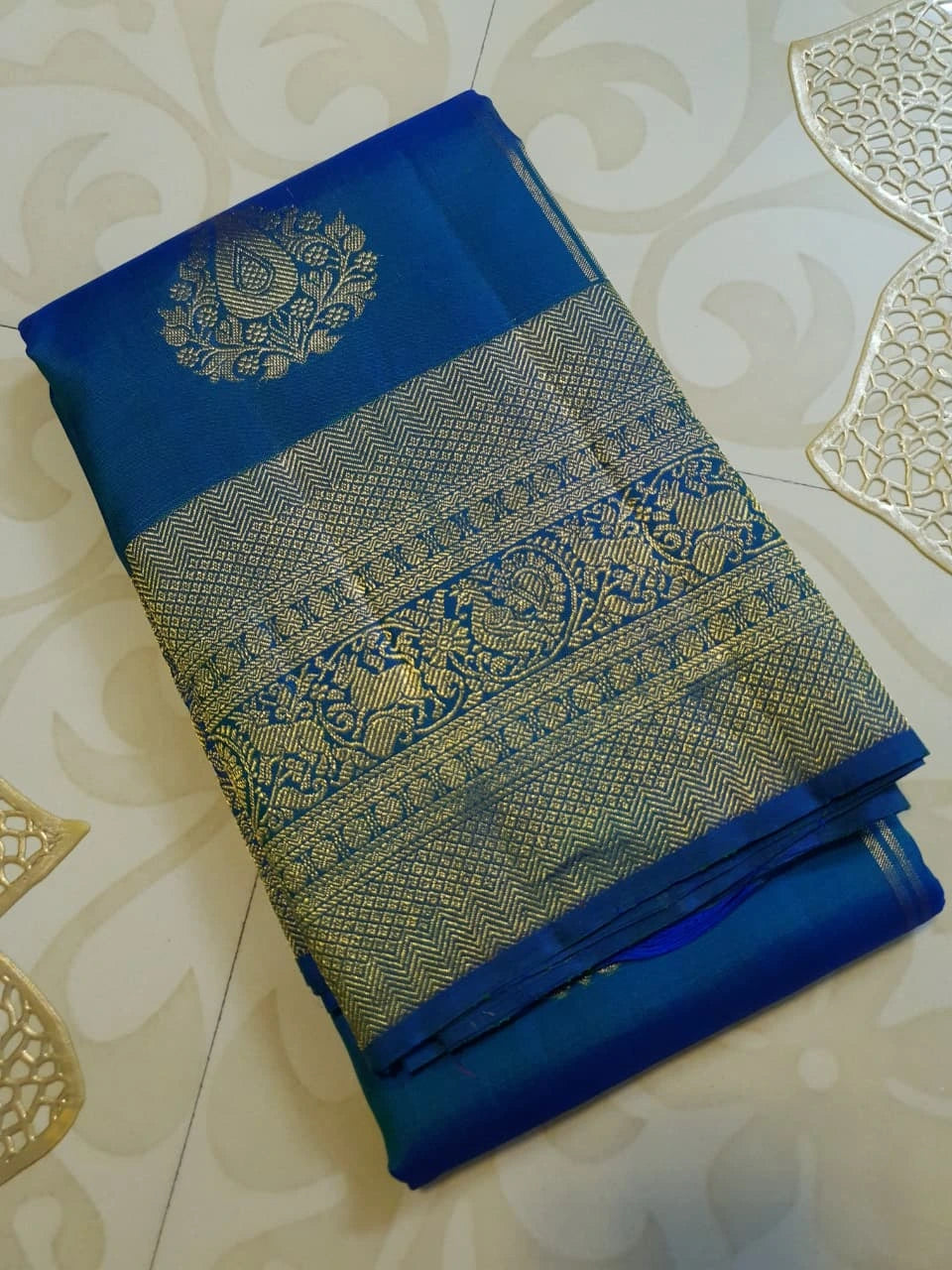 2G Pure Kanjivaram Silk Saree in Royal Blue with Gold Zari Paisley Buttas & Peacock Zari Border | Silkmark Certified