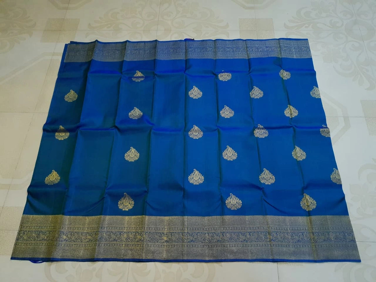 2G Pure Kanjivaram Silk Saree in Royal Blue with Gold Zari Paisley Buttas & Peacock Zari Border | Silkmark Certified