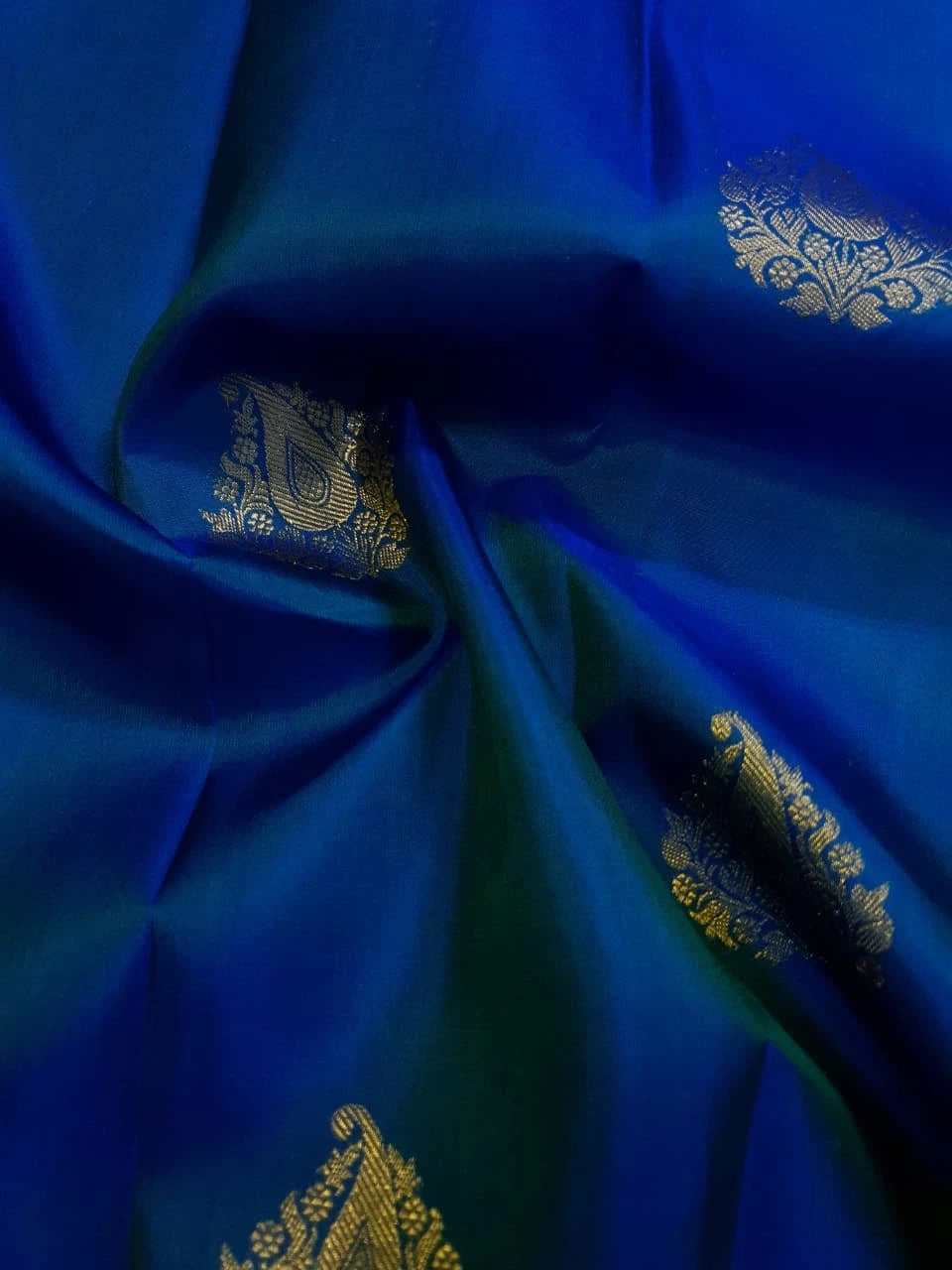 2G Pure Kanjivaram Silk Saree in Royal Blue with Gold Zari Paisley Buttas & Peacock Zari Border | Silkmark Certified