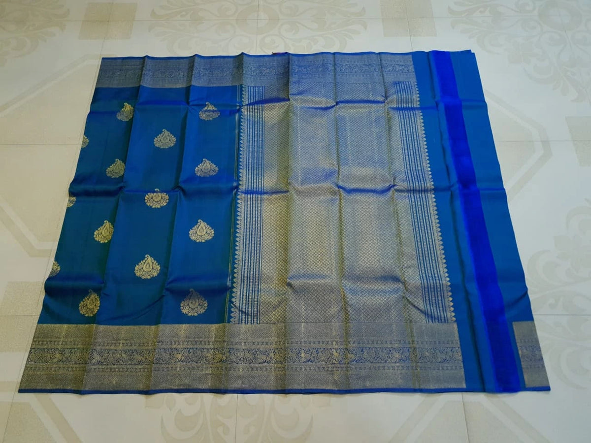 2G Pure Kanjivaram Silk Saree in Royal Blue with Gold Zari Paisley Buttas & Peacock Zari Border | Silkmark Certified