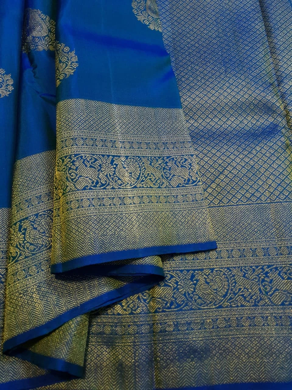 2G Pure Kanjivaram Silk Saree in Royal Blue with Gold Zari Paisley Buttas & Peacock Zari Border | Silkmark Certified