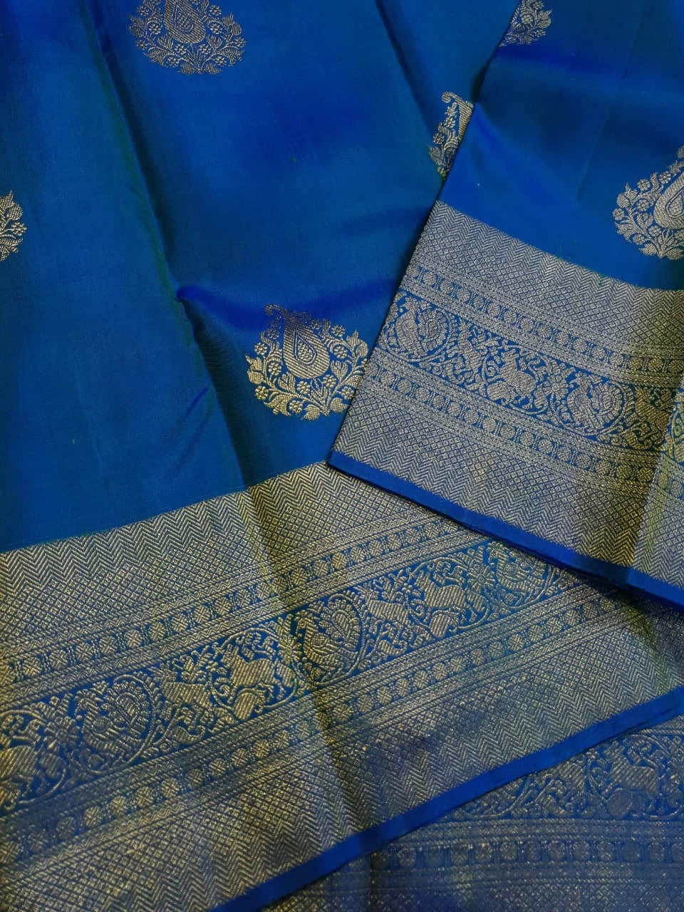 2G Pure Kanjivaram Silk Saree in Royal Blue with Gold Zari Paisley Buttas & Peacock Zari Border | Silkmark Certified