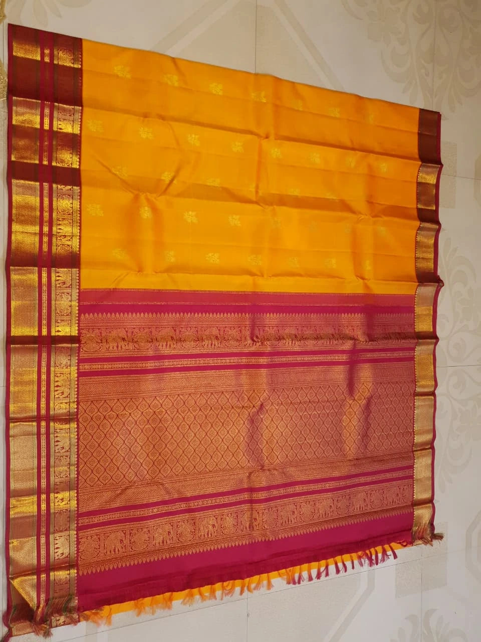 2G Pure Kanjivaram Silk Saree in Mango Yellow with Floral Buttas & Maroon Elephant Zari Border | SILKMARK Certified