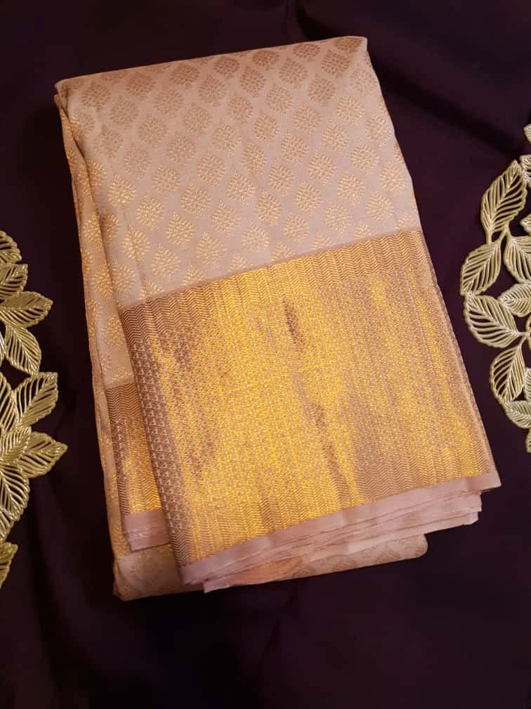2GPure Kanjivaram Silk Saree in Soft Peach with Fine Copper Zari Buttas & Rich Copper Zari Border | Silkmark Certified