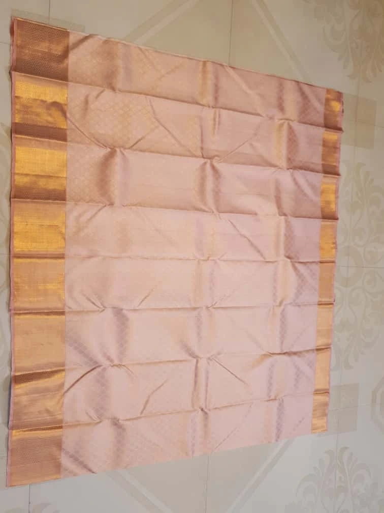 2GPure Kanjivaram Silk Saree in Soft Peach with Fine Copper Zari Buttas & Rich Copper Zari Border | Silkmark Certified