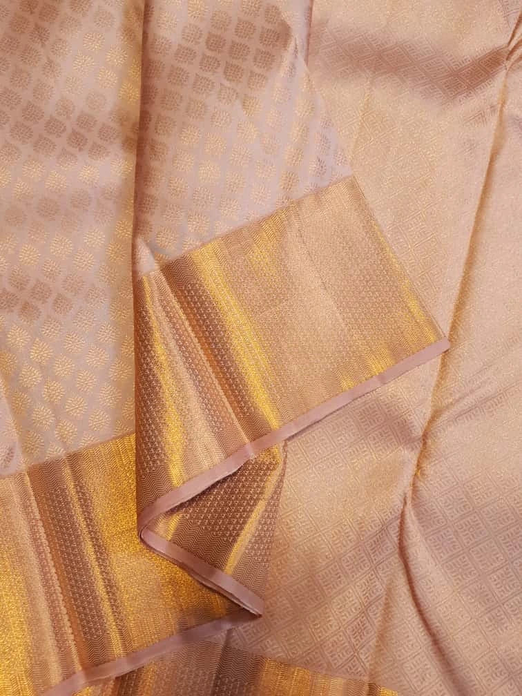 2GPure Kanjivaram Silk Saree in Soft Peach with Fine Copper Zari Buttas & Rich Copper Zari Border | Silkmark Certified
