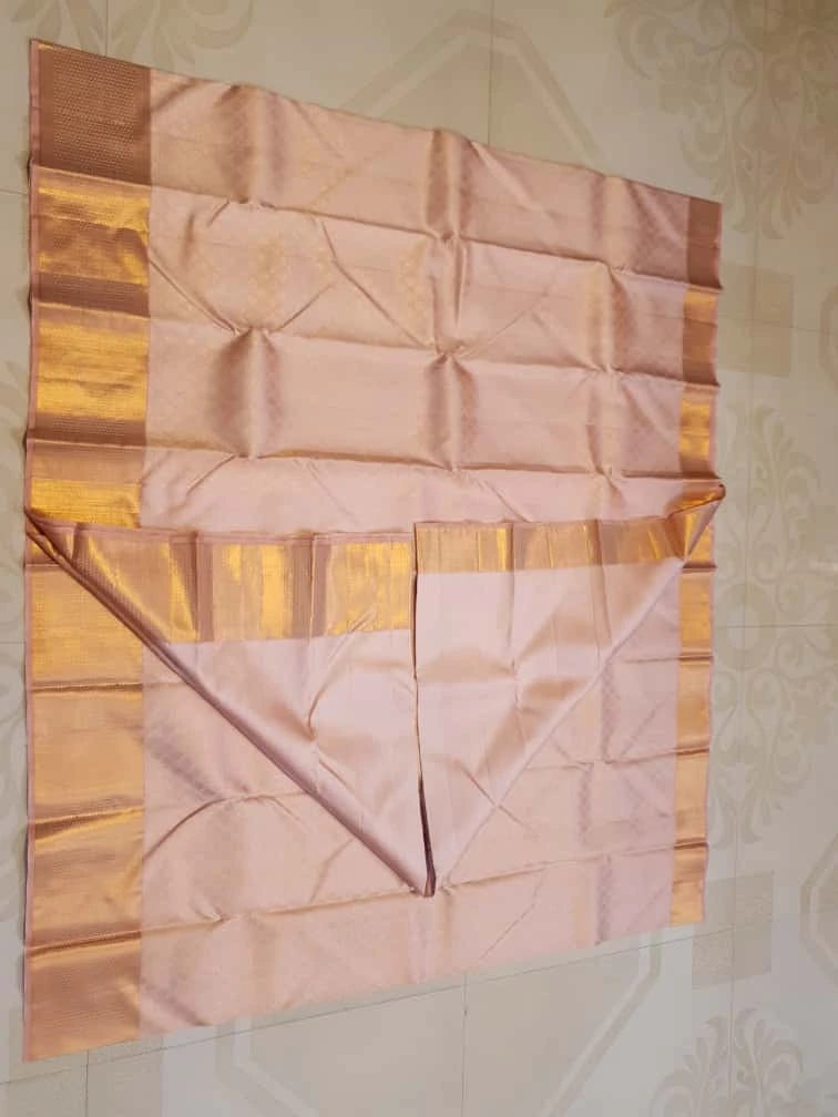 2GPure Kanjivaram Silk Saree in Soft Peach with Fine Copper Zari Buttas & Rich Copper Zari Border | Silkmark Certified