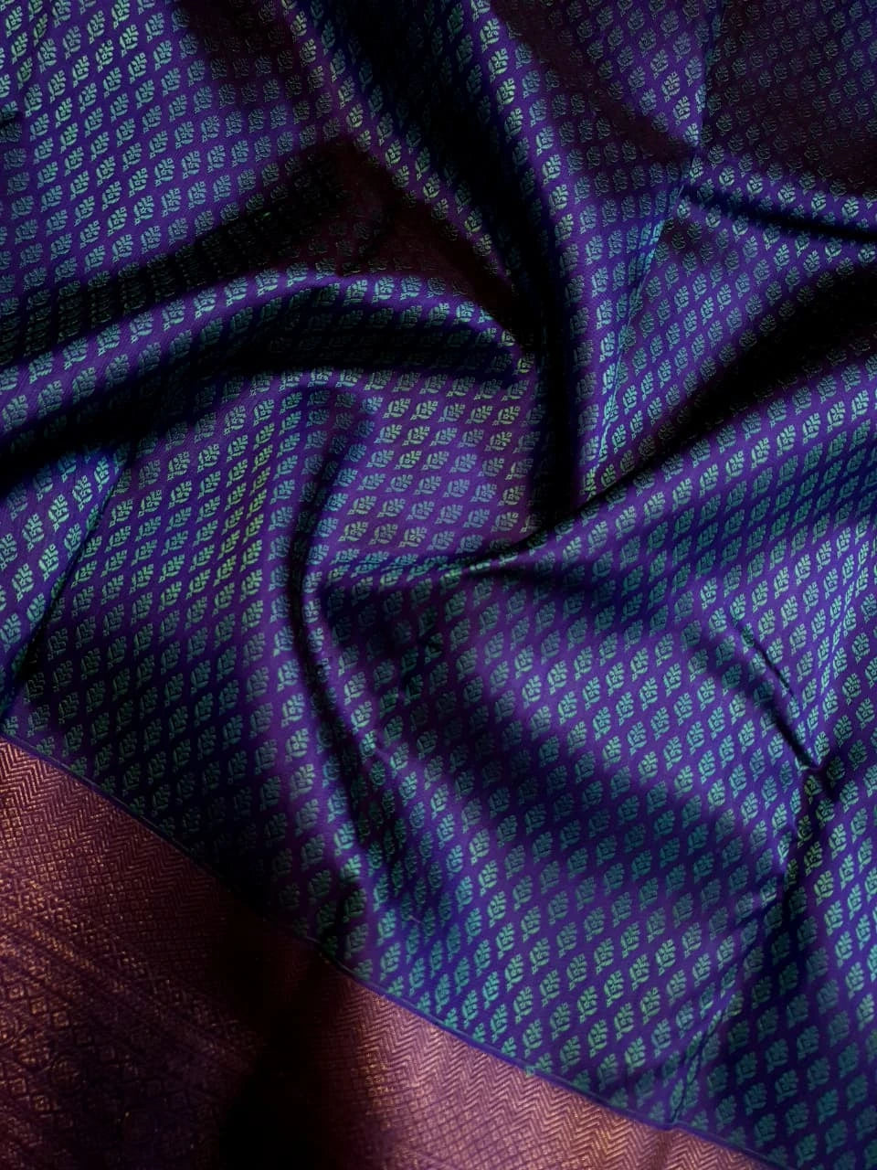 2G Pure Kanjivaram Silk Saree in Peacock Blue with Purple Zari Buttas & Rich Purple Zari Border | Silkmark Certified