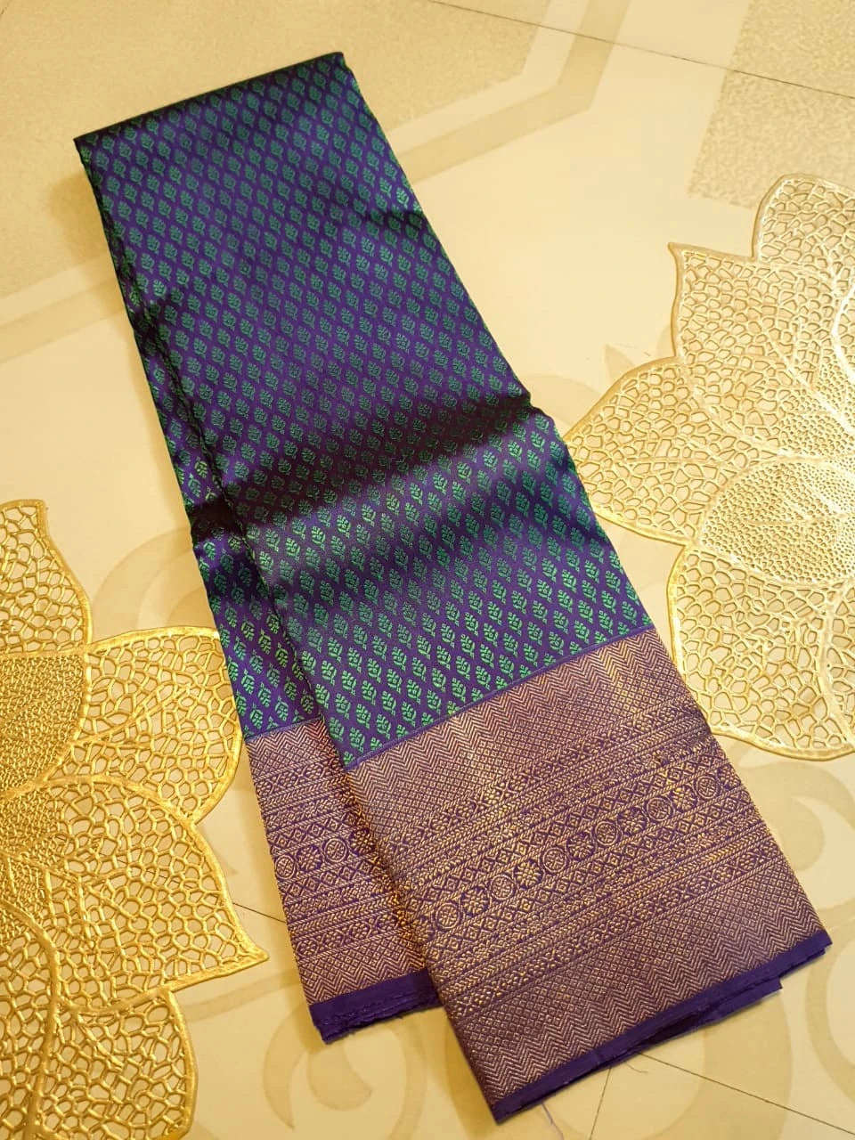 2G Pure Kanjivaram Silk Saree in Peacock Blue with Purple Zari Buttas & Rich Purple Zari Border | Silkmark Certified