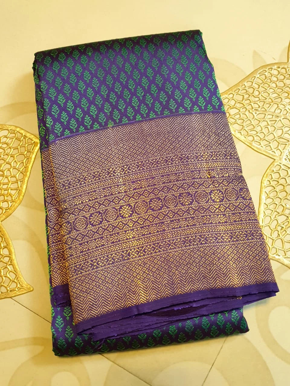 2G Pure Kanjivaram Silk Saree in Peacock Blue with Purple Zari Buttas & Rich Purple Zari Border | Silkmark Certified