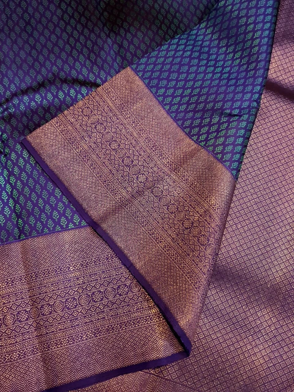 2G Pure Kanjivaram Silk Saree in Peacock Blue with Purple Zari Buttas & Rich Purple Zari Border | Silkmark Certified