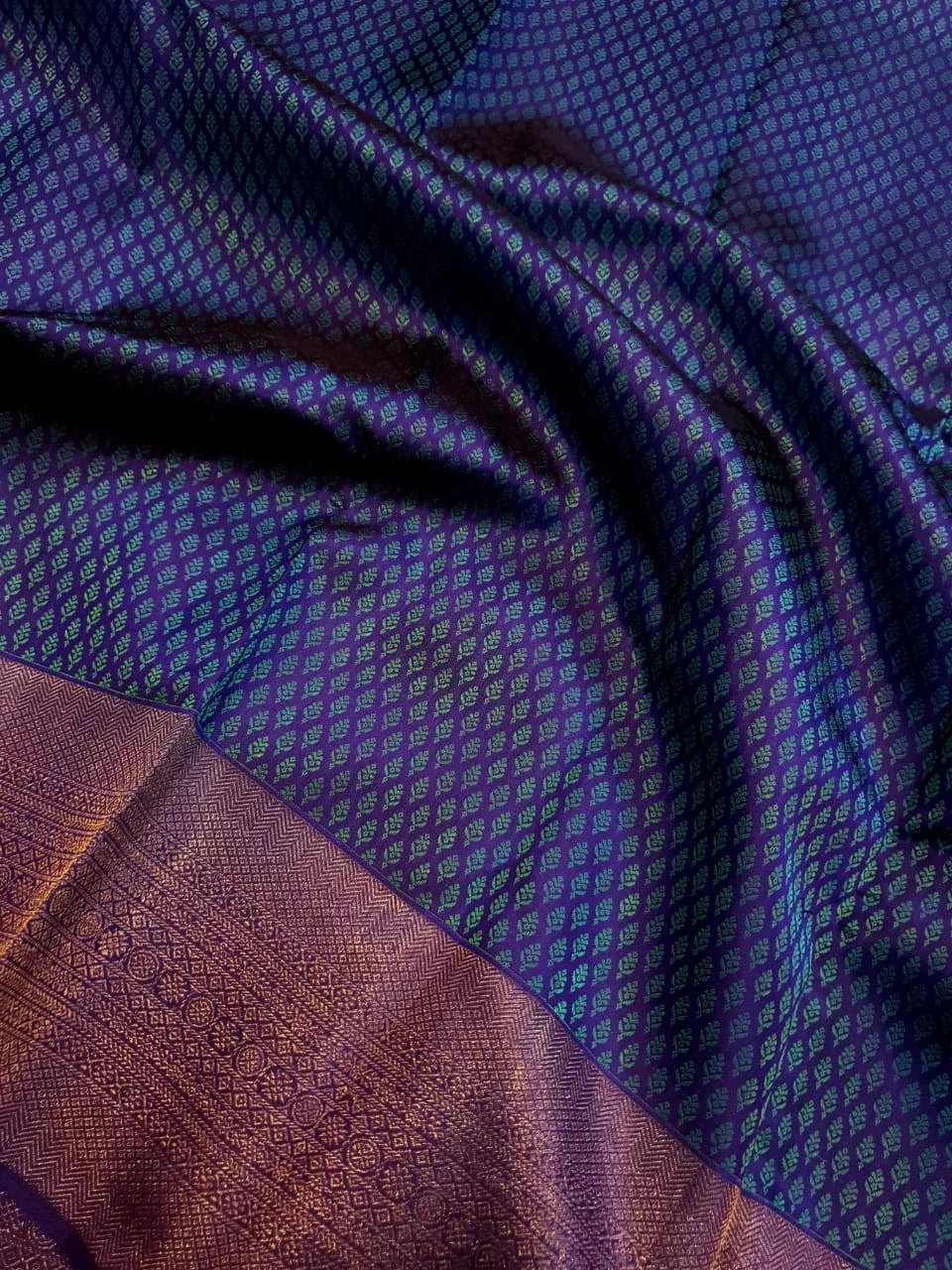 2G Pure Kanjivaram Silk Saree in Peacock Blue with Purple Zari Buttas & Rich Purple Zari Border | Silkmark Certified