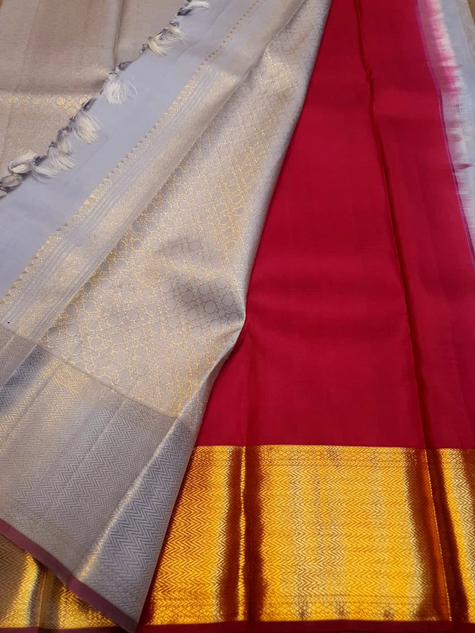 2G Pure Kanjivaram Silk Saree in Silver Grey with Gold Zari Floral Motifs & Rich Gold Zari Border | Silkmark Certified