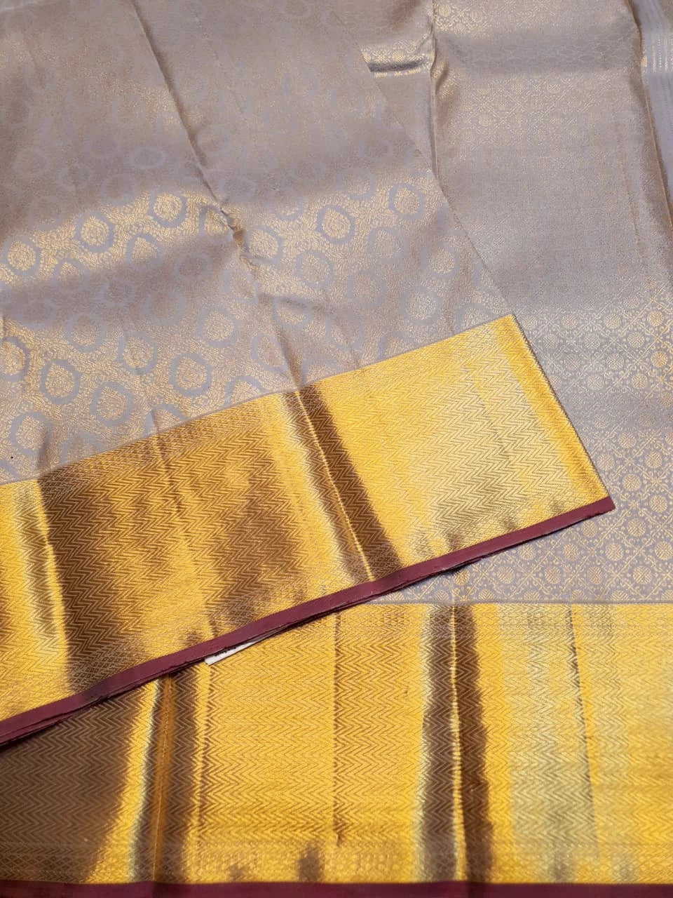2G Pure Kanjivaram Silk Saree in Silver Grey with Gold Zari Floral Motifs & Rich Gold Zari Border | Silkmark Certified