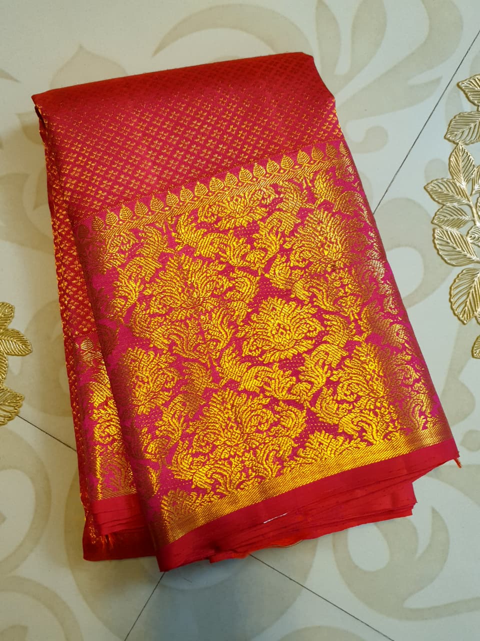 2G Pure Kanjivaram Silk Saree in Rich Pink Red with Gold Zari Checks & Floral Brocade Border | Silkmark Certified