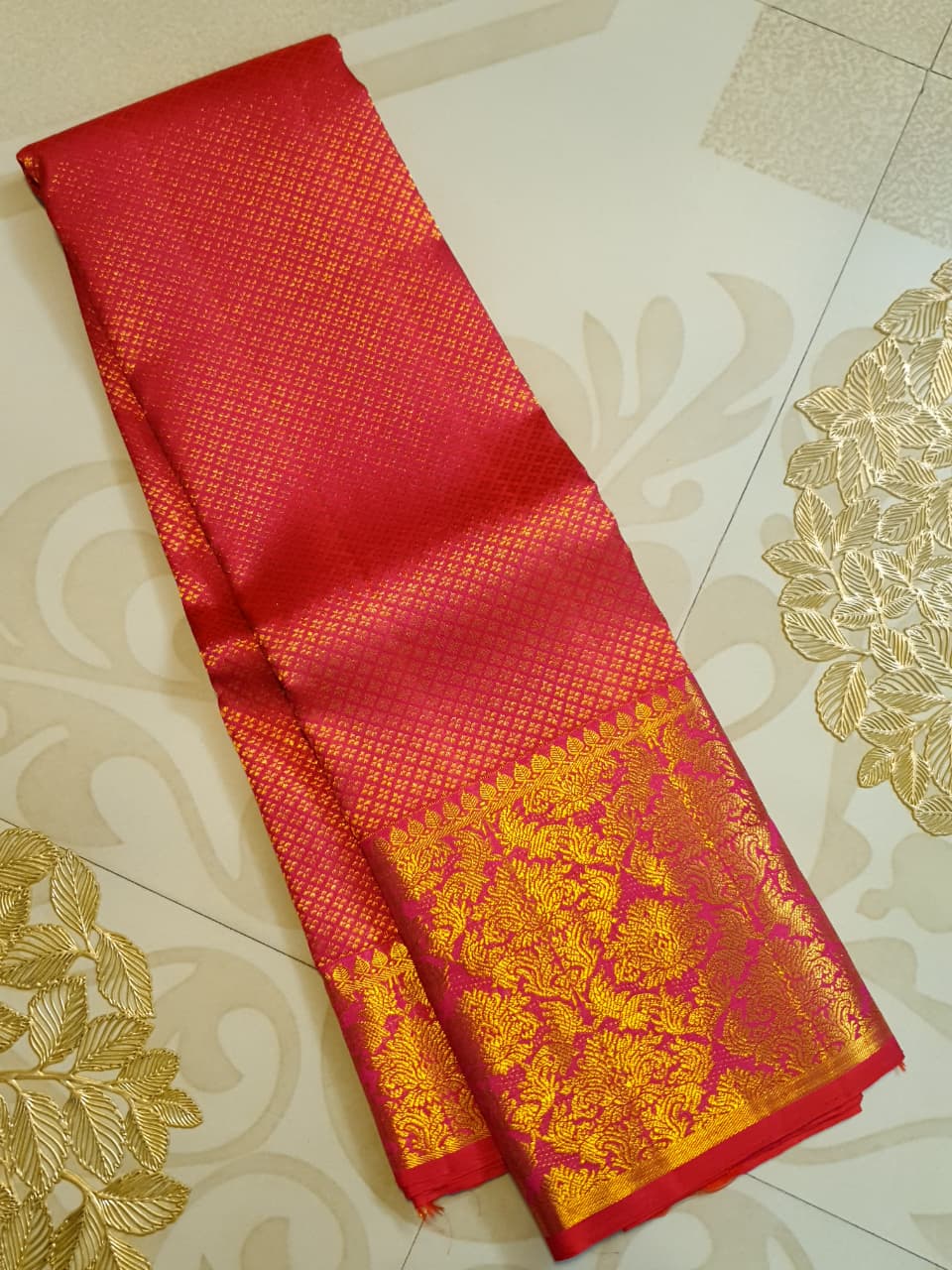 2G Pure Kanjivaram Silk Saree in Rich Pink Red with Gold Zari Checks & Floral Brocade Border | Silkmark Certified
