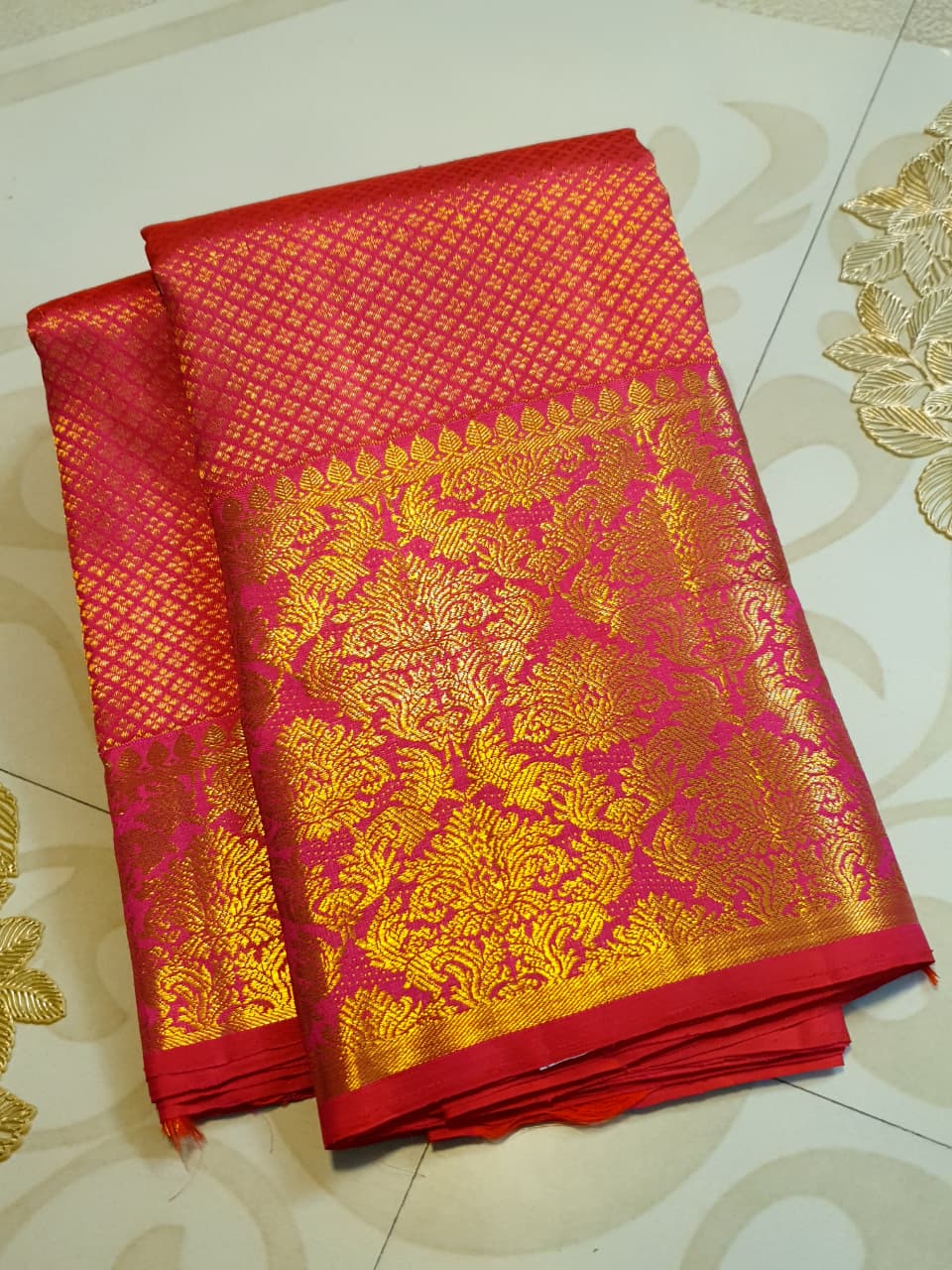 2G Pure Kanjivaram Silk Saree in Rich Pink Red with Gold Zari Checks & Floral Brocade Border | Silkmark Certified