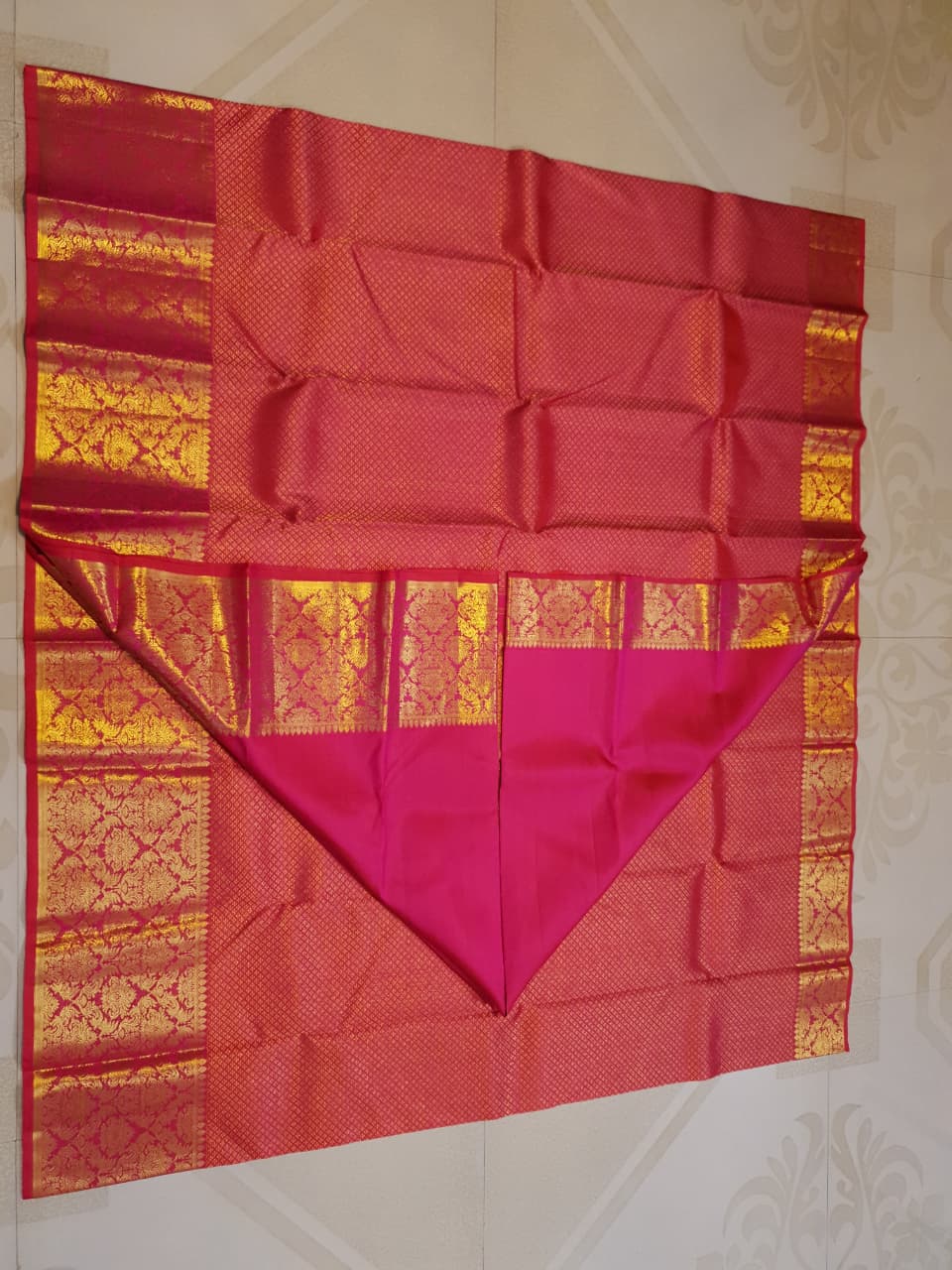 2G Pure Kanjivaram Silk Saree in Rich Pink Red with Gold Zari Checks & Floral Brocade Border | Silkmark Certified