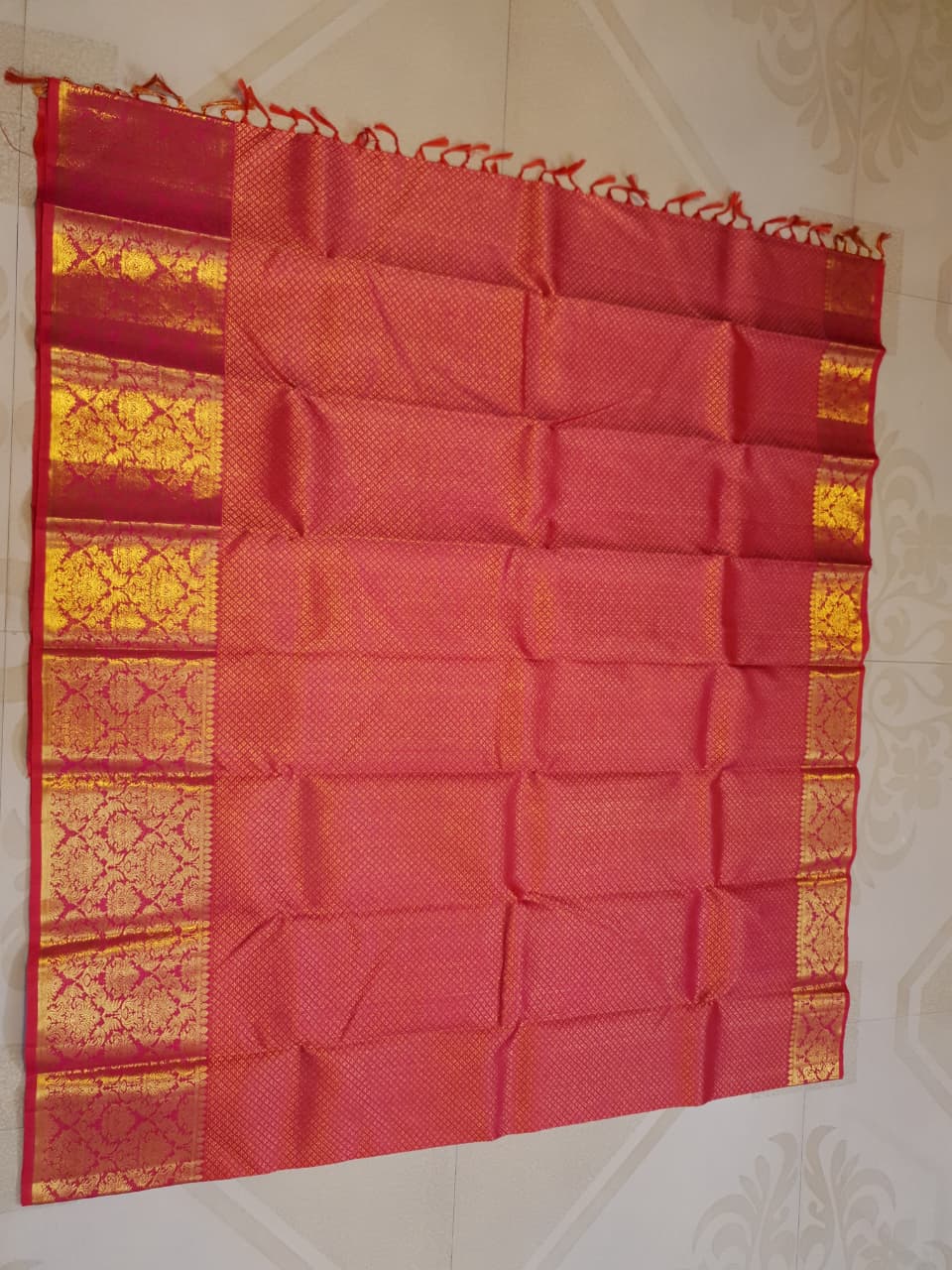 2G Pure Kanjivaram Silk Saree in Rich Pink Red with Gold Zari Checks & Floral Brocade Border | Silkmark Certified