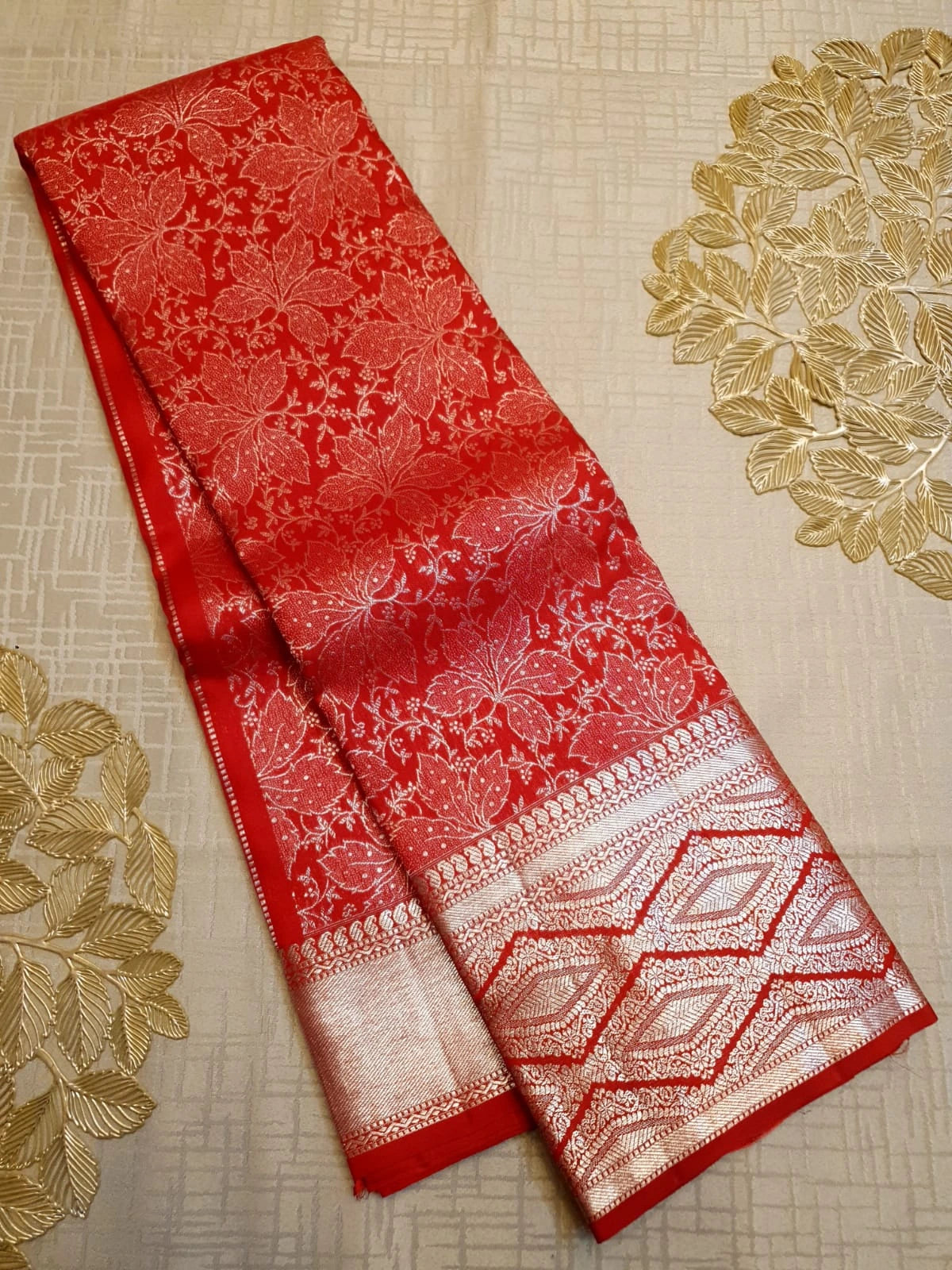 2G Pure Kanjivaram Silk Saree in Bright Red with All-Over Floral Zari Weave & Rich Silver Zari Border | Silkmark Certified